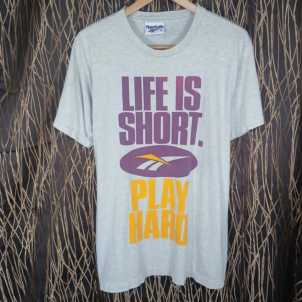 Vintage Reebok Life Is Short Play Hard Graphic T-Shirt Mens M Gray Made in USA